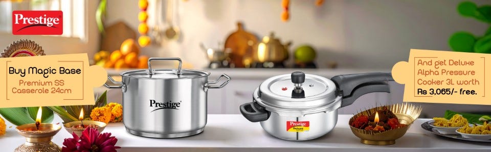 Buy Magic Base Premium SS Casserole 24cm and get Deluxe Alpha Pressure Cooker 3L worth Rs 3,065/- free. 