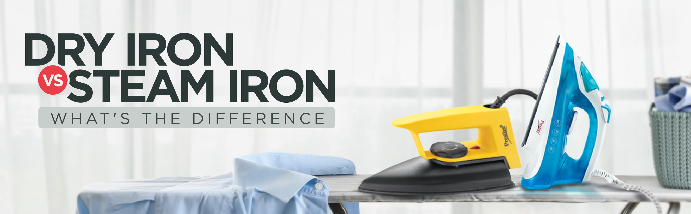 Prestige Dry Iron vs Steam Iron: Understanding the Difference - Yellow and Blue Irons on Ironing Board